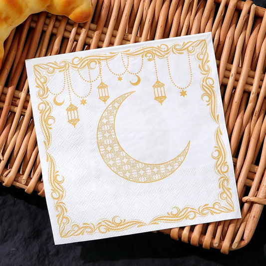 20 Elegant Disposable Ramadan Party Napkins Featuring a Yellow Moon Lantern Design, Perfect for Eid Celebrations, Home, Kitchen