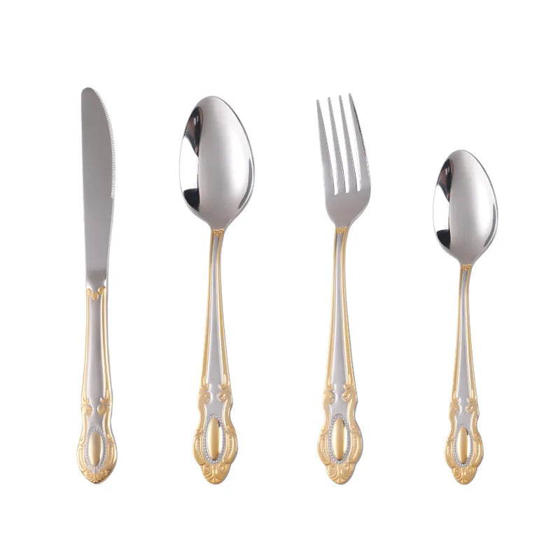 Golden Cutlery Set,Luxury Retro Western Flatware Set,Dinner Serving for 6,Includes Spoons, Forks,Knifes,Dishwasher Safe