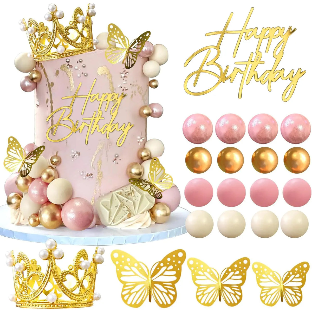 Balls Cake Toppers Happy Birthday Crown Tiara Cake Toppers for Birthday Wedding Baby Shower Party Decorations