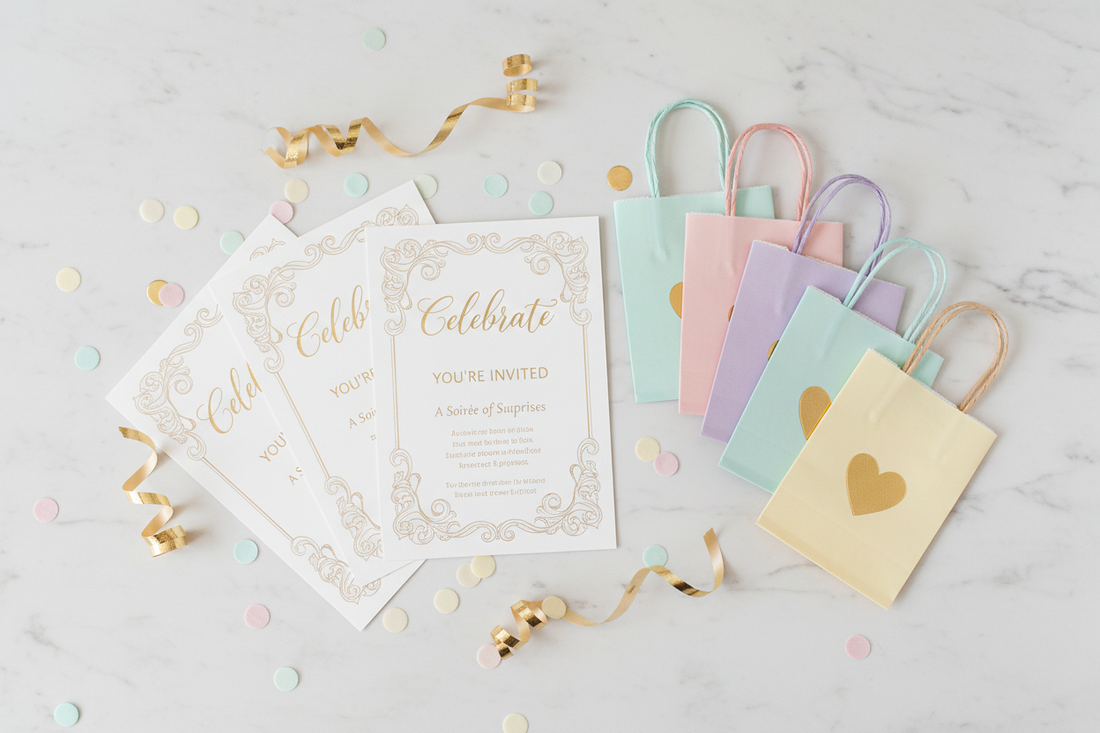A stunning collection of modern birthday celebration digital templates and matching pastel paper treat bags, by Joycraft.