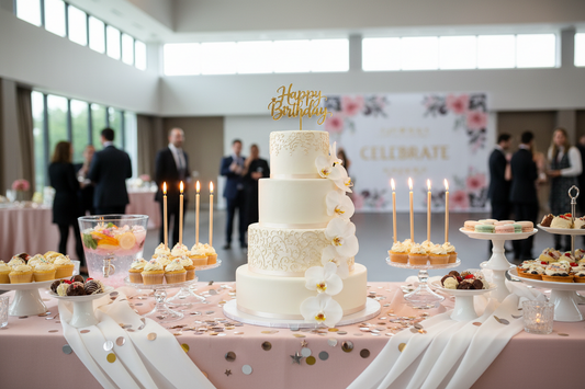 A stunning modern birthday celebration dessert table featuring a customized cake topper and warm glowing candles, by Joycraft.
