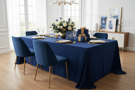 A stunning modern father's day celebration table featuring sophisticated tablecloths and elegant masculine decor elements, by Joycraft.