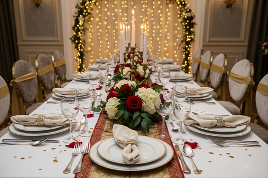 A professional party dining setup featuring plates, cutlery, and napkins, by Joycraft.