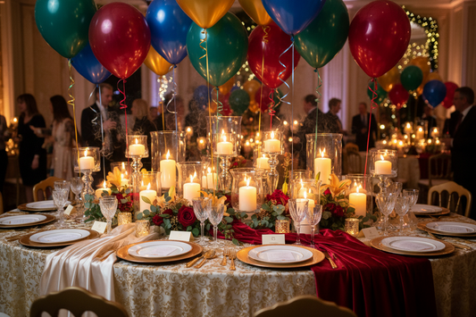 A professional party setup featuring scented candles and balloons, by Joycraft.