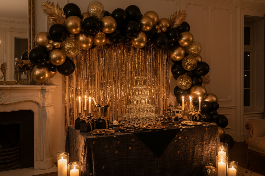 Adult birthday party decorations at home with black and gold balloon garland over a fireplace mantel and styled dessert table with metallic fringe backdrop
