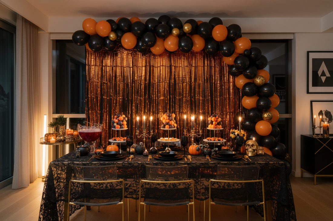Adult Halloween party decorations featuring orange fringe curtain backdrop, black balloon garland, and styled party table with candles and themed tableware