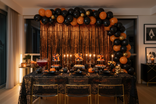 Adult Halloween party decorations featuring orange fringe curtain backdrop, black balloon garland, and styled party table with candles and themed tableware
