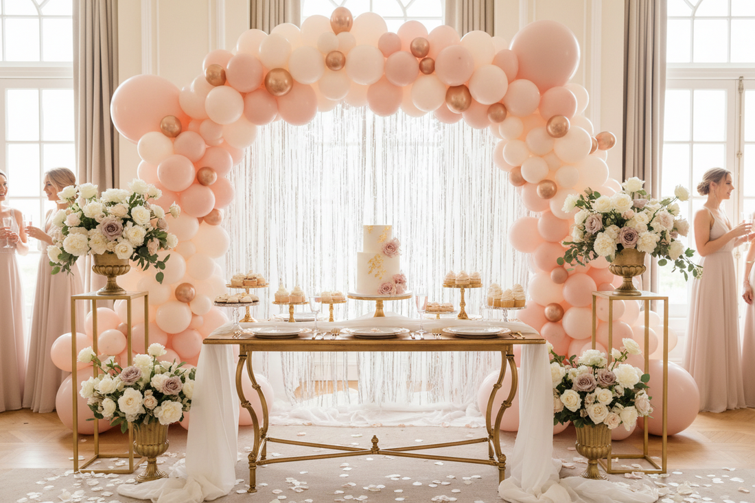 Bridal shower decorations with blush pink and gold balloon garland arch, white fringe curtain backdrop, and elegant dessert table
