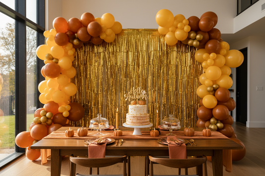 First day of fall party decorations with gold fringe curtain backdrop, orange and yellow balloon clusters, styled autumn party table with pumpkin candles and gold cake toppers