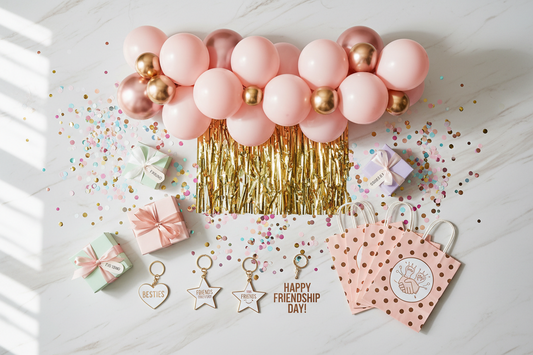 Friendship Day party decorations including balloon garland, fringe curtain, gift boxes, and treat bags
