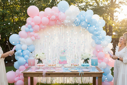 Gender reveal party decoration setup with pink and blue balloon garland arch, white fringe curtain backdrop, and confetti