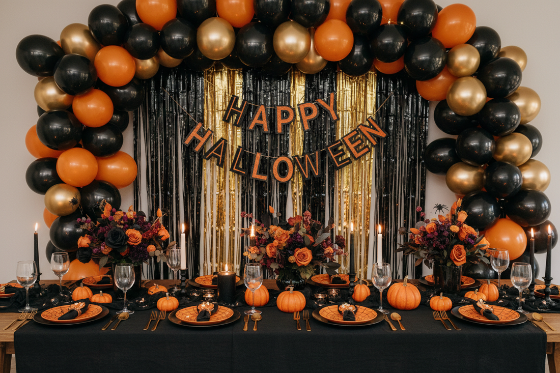 Halloween party decorations featuring balloon garland, fringe curtain backdrop, and themed tableware in black, orange, and gold