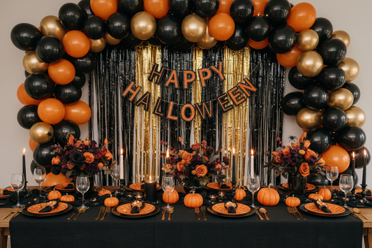 Halloween party decorations featuring balloon garland, fringe curtain backdrop, and themed tableware in black, orange, and gold