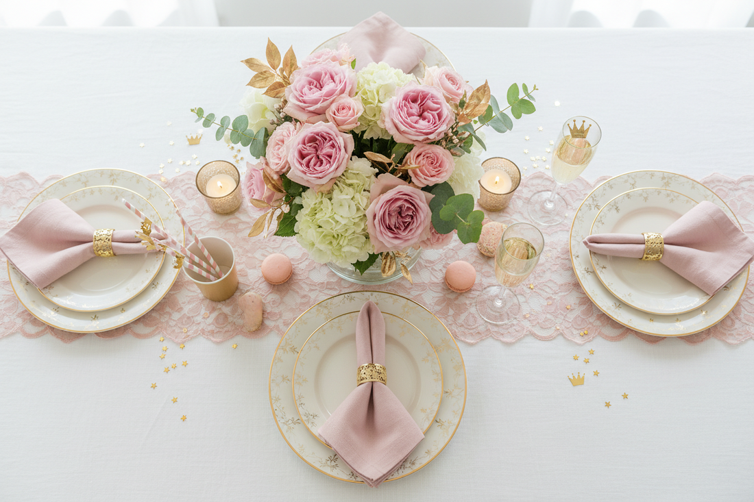 Beautiful party table decoration setup with floral centerpiece, layered tablecloth, and elegant place settings in blush pink and gold