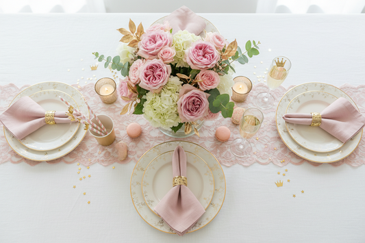 Beautiful party table decoration setup with floral centerpiece, layered tablecloth, and elegant place settings in blush pink and gold