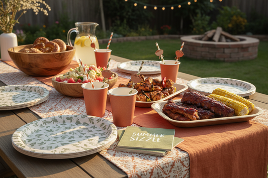 Disposable party tableware for summer backyard BBQ including dinner plates, paper cups, tablecloth, and serving platters