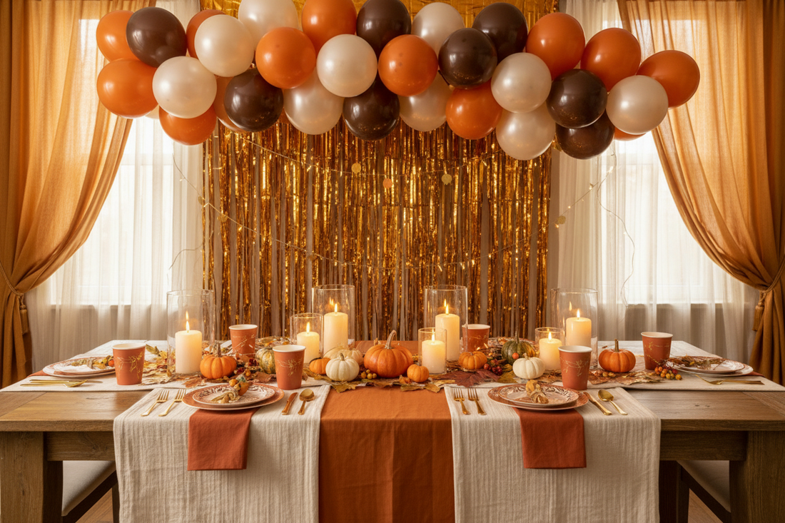 Thanksgiving party decorations for home featuring a harvest balloon garland in orange, brown, and cream above a styled dining table with coordinated tableware, fringe curtain backdrop, and warm string lights
