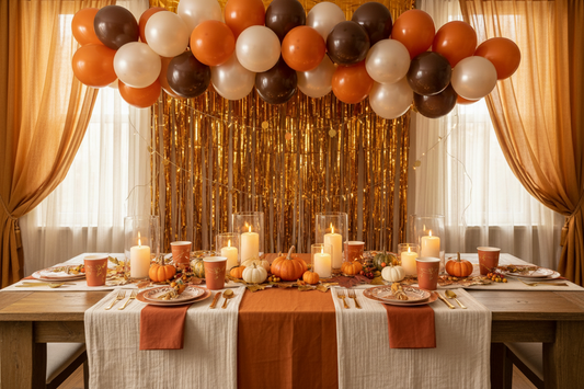 Thanksgiving party decorations for home featuring a harvest balloon garland in orange, brown, and cream above a styled dining table with coordinated tableware, fringe curtain backdrop, and warm string lights