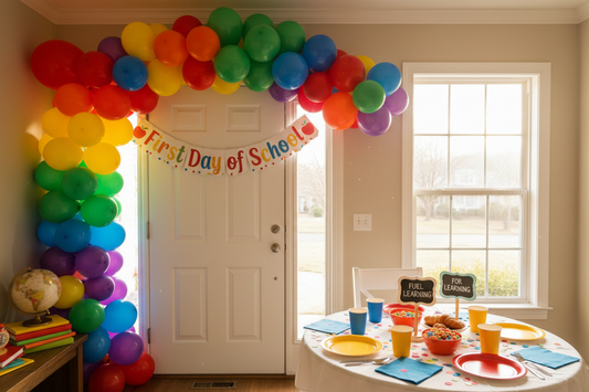 Back to school party decorations with rainbow balloon garland arch and personalized first day of school banner at home entryway