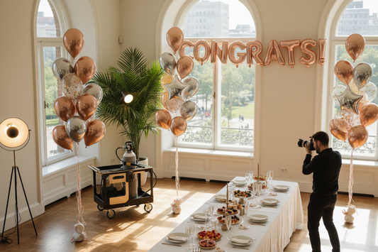 A professionally decorated party space featuring safe, high-quality balloons and reliable anchoring weights, by Joycraft.