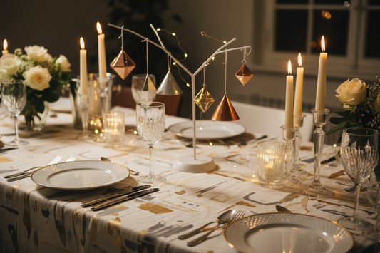 Elegant modern tablecloth and interactive party craft supplies arranged neatly on a celebration dinner table, by Joycraft.