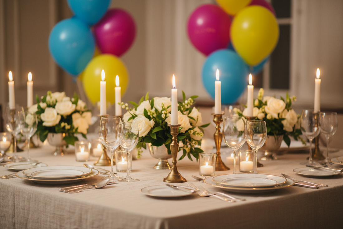 Elegant modern tablecloth and festive party decorations arranged neatly on a celebration dinner table, by Joycraft.