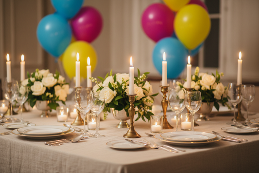 Elegant modern tablecloth and festive party decorations arranged neatly on a celebration dinner table, by Joycraft.