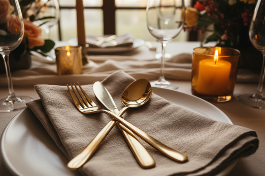 Elegant modern flatware and textured linen napkins arranged neatly on a dinner table, by Joycraft.