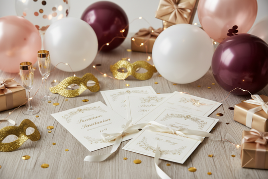 A professional party setup featuring premium invitation cards, balloons, and plates, by Joycraft.