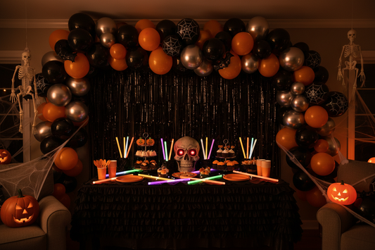 Halloween party decoration setup with black fringe curtain backdrop, orange and black balloon garland, and themed dessert table with glow sticks