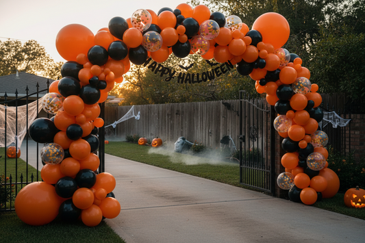 Orange and black Halloween balloon garland arch over outdoor driveway gate for yard party
