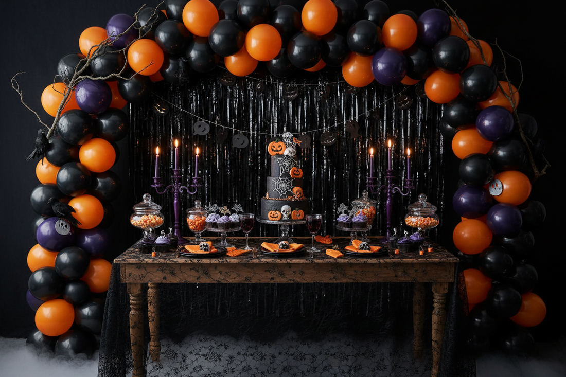 Halloween party decorations with black and orange balloon garland arch, fringe curtain backdrop, and styled dessert table