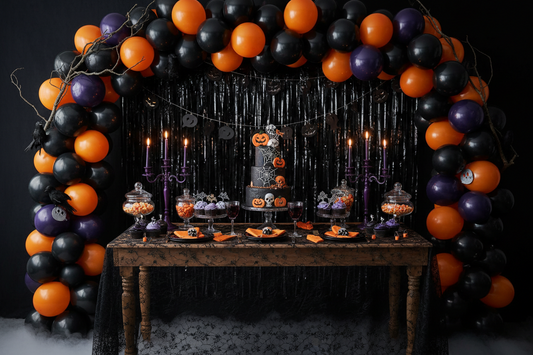 Halloween party decorations with black and orange balloon garland arch, fringe curtain backdrop, and styled dessert table