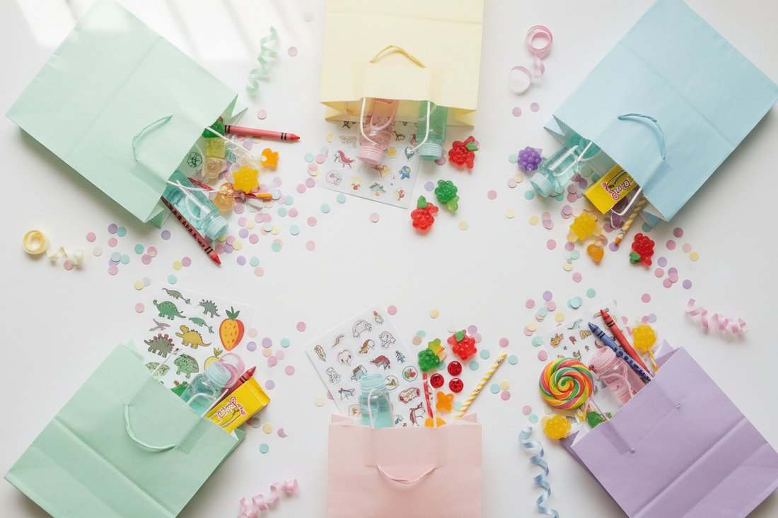 Colorful kids birthday party favor bags filled with stickers, bubbles, candy, and small toys on a white background