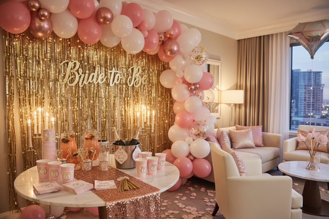 Bachelorette party decoration setup with gold fringe curtain backdrop, pink balloon garland, and Bride to Be banner in a hotel suite