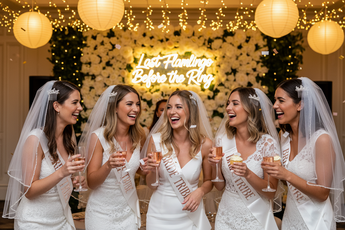 A professional bachelorette party setup featuring bride sashes, bridal veils, and balloons, by Joycraft.