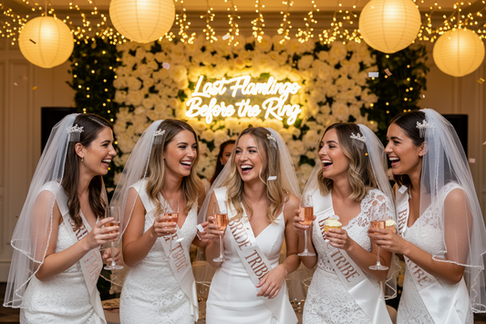 A professional bachelorette party setup featuring bride sashes, bridal veils, and balloons, by Joycraft.