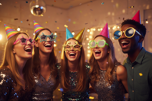 A professional party setup featuring party hats, fun glasses, and photo booth props, by Joycraft.