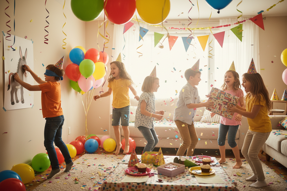 Kids playing fun birthday party games at home surrounded by colorful balloons and party decorations