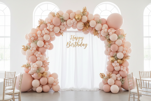 A stunning pastel pink and gold organic balloon arch framing a professional birthday celebration backdrop, by Joycraft.