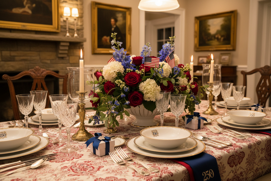Professional 250th anniversary party table setting with elegant tablecloths, plates, and sashes, by Joycraft.