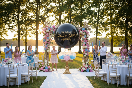A professional gender reveal party setup featuring gender reveal jumbo balloons and gender reveal spray, by Joycraft.