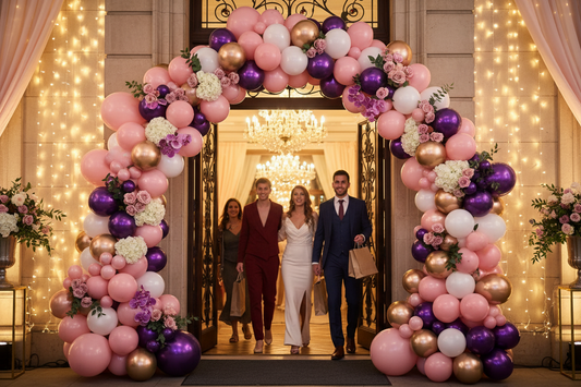A professional party setup featuring balloon arch kits and vibrant balloons, by Joycraft.
