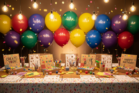 A professional party celebration featuring diy craft kits, balloons, and tablecloths, by Joycraft.