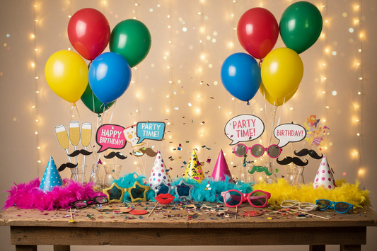 A professional party celebration featuring photo booth props, fun glasses, and balloons, by Joycraft.