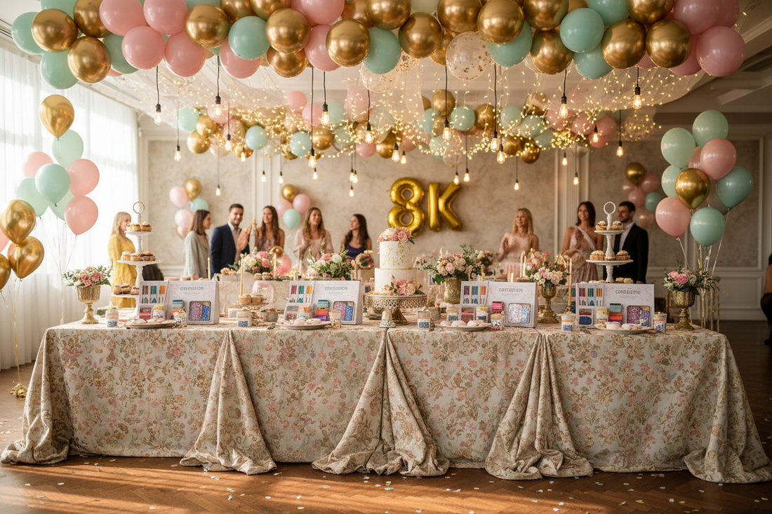A professional party celebration featuring balloons, tablecloths, and diy craft kits, by Joycraft.