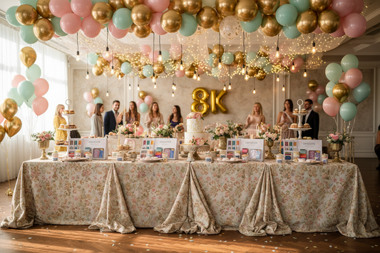 A professional party celebration featuring balloons, tablecloths, and diy craft kits, by Joycraft.