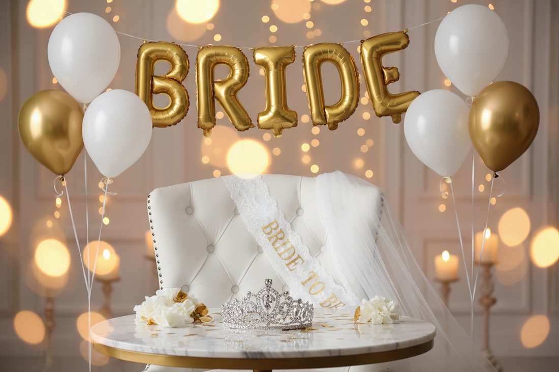 A professional bridal shower celebration featuring bride balloons, bride sashes and veil set, and bride tiara, by Joycraft.