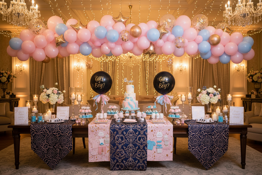 A professional gender reveal party celebration featuring gender reveal balloons, tablecloths, and diy craft kits, by Joycraft.