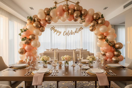 Professional balloon arch kit, premium invitation cards, and paper treat bags creating a perfect atmosphere for home celebrations, by Joycraft.